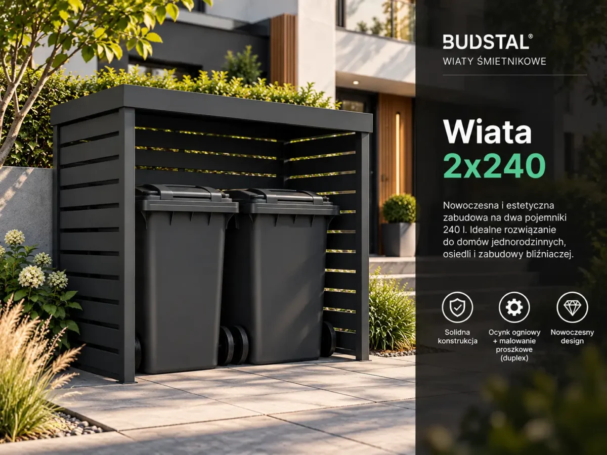 Wiata śmietnikowa BUDSTAL 2×240 l na dwa pojemniki 240 l, RAL 7016
