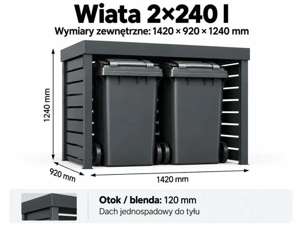 Wiata śmietnikowa BUDSTAL 2×240 l na dwa pojemniki 240 l, wymiary 1420 × 920 × 1240 mm