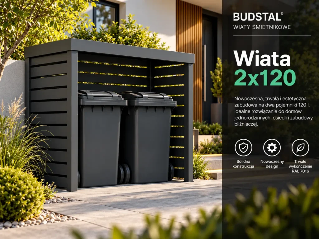 Wiata śmietnikowa BUDSTAL 2×120 l na dwa pojemniki 120 l, RAL 7016